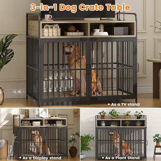Large Furniture Dog Crate, Dog Kennel Indoor, Wood Dog Cage Table with Drawers Storage, Heavy Duty Dog Crate, Jaula para Perros, Sturdy Metal, 40.5" L×23.6" W×35.4" H, Rustic Grey