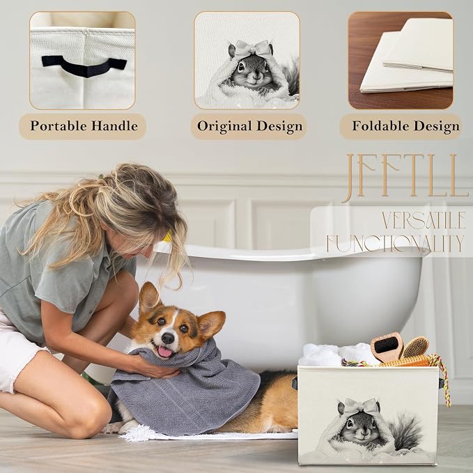 Funny Squirrel Bathroom Storage Bins Box, Funny Bathroom Decor, Squirrel Lover Gifts Storage Basket Laundry Hamper with Handle for Bath Room Clothes Vanity Undersink Home Organization