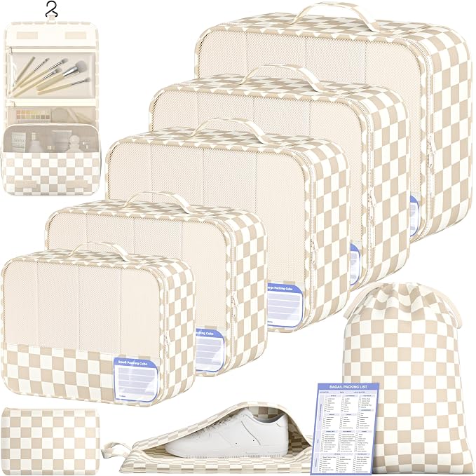 BAGAIL 9 Set Packing Cubes with Packing List Luggage Packing Organizers for Travel Accessories (Khaki checkered)
