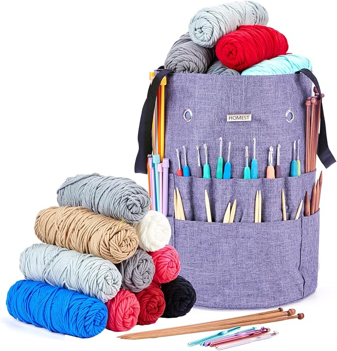 HOMEST Crochet Bag Organizer for Yarn Storage, and Knitting Accessories | Customized front compartment, 6 oversized grommets and drawstring closure for hooks, needles and projects, Purple