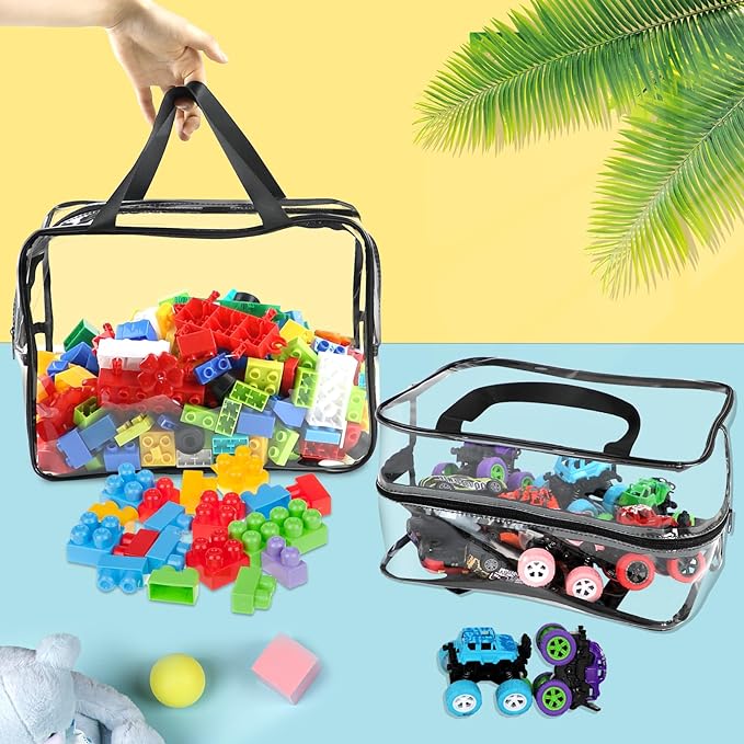6 Pcs XL Toy Storage Bags Widen Waterproof Clear Toy Organizer with Labels | 12.6×9.25×6.9In Reusable PVC Transparent Organizer Bags with Zipper for Building Blocks, Puzzle, Board Games Travel Storage