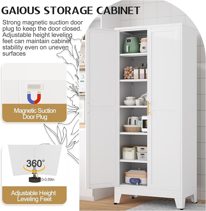 GAIOUS 75.2" Tall Pantry Cabinet,Kitchen Pantry Storage Cabinet with 2 Door | and 5 Adjustable Shelves, White Metal Pantry Storage Cabinet, Cupboard for Kitchen, Dining Room, Living Room and Bathroom