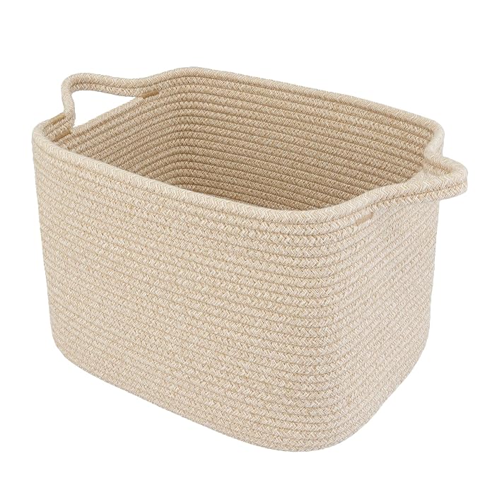 XUANGUO Woven Cotton Rope Storage Basket with Handles 13x10x9 inch Oatmeal | Woven cotton rope basket for shelves and closets. Perfect for toys, books, clothes, nursery storage and gift baskets