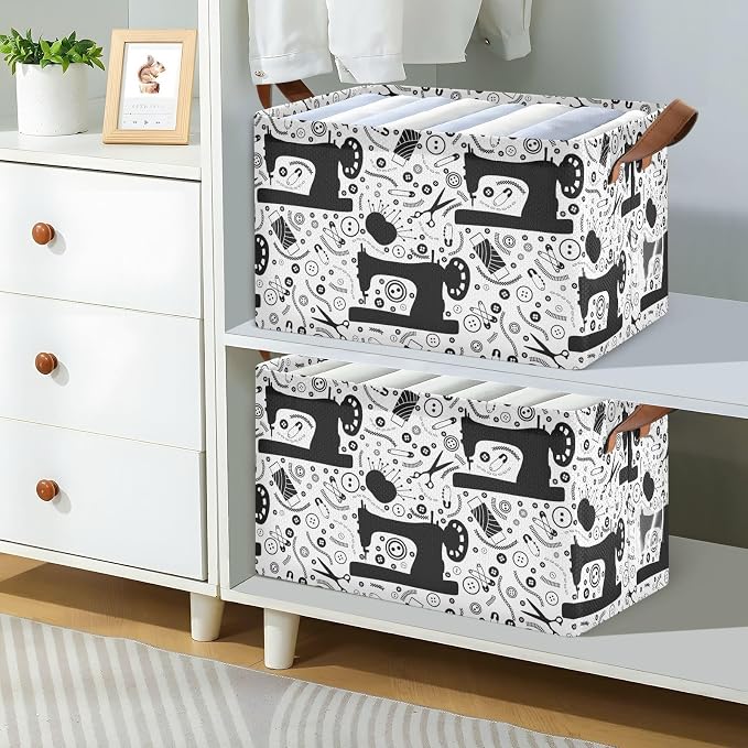 Black White Sewing Tools Printed Storage Basket Foldable Cube Storage Bins with Handles&Label Collapsible Organizer Box Bin Large Rectangle Decorative Baskets for Shelves Home Living Room Closet