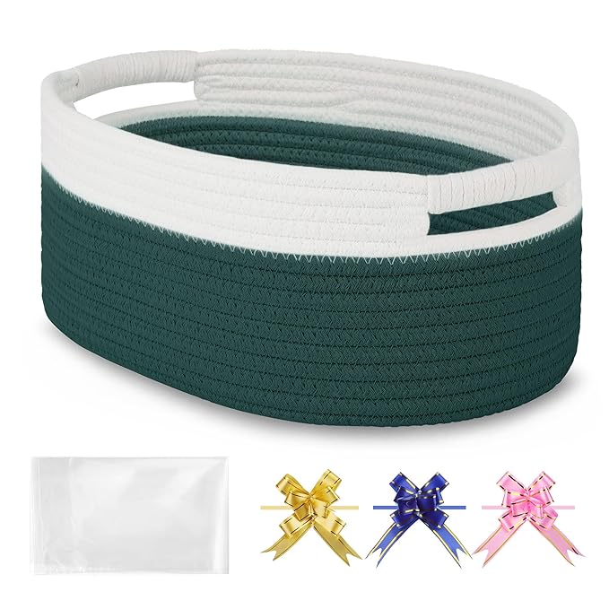 Small Woven Gift Basket with Bag & Ribbons, Dark Green | Cotton Rope, 13”x 9”x 5.5”, Fits for Kids, Women & Men, Bedroom, Living Room, Nursery & Bathroom Storage, Cat & Dog Toy Boxes