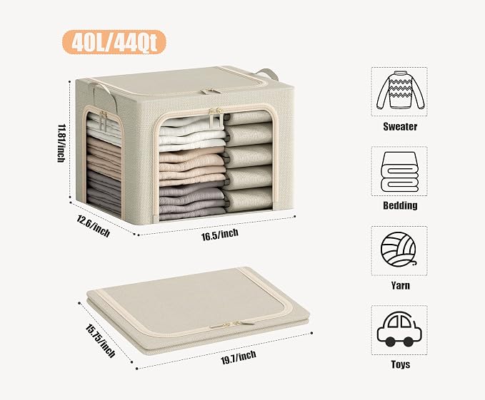 3 Openings Clothes Storage Bins with Metal Frame, Foldable Storage Bin for Clothes, Clothing Storage Bins with Lid, Linen Storage Box With Clear Window＆ Zippers＆ Durable Handles.(3 Pcs ,Beige,40L)