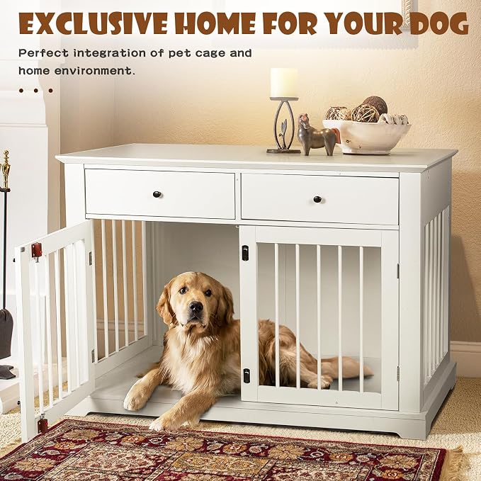 LEMBERI 44 Inch Large Dog Crate Furniture with Storage Drawers, Wooden Dog Kennel Furniture as End Table, Decorative Pet Cage Dog House Indoor for Dogs