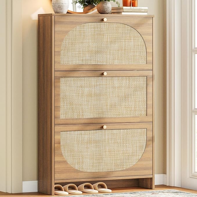Shoe Storage Cabinet for Entryway, Slim Arched Rattan Accent Shoe Cabinet with 3 Flip Drawers & 3-Tier Adjustable Shelves, Modern Boho Shoe Storage Cabinet, Narrow Shoe Rack for Small Spaces