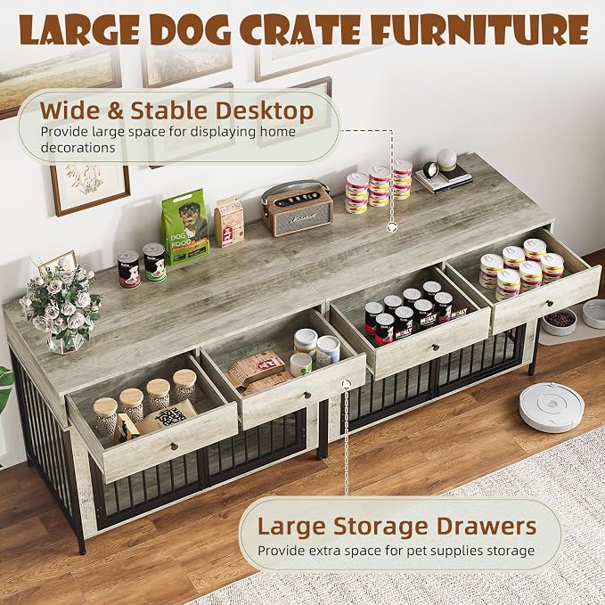 LEMBERI 44 Inch Large Dog Crate Furniture with Storage Drawers, Wooden Dog Kennel Furniture as TV Stand, Decorative Pet Cage Dog House Indoor for Dogs, Grey, 2 Pack
