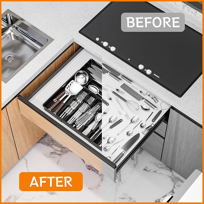 Black Expandable Silverware Drawer Organizer - Adjust From 11'' to 22'' - Knife,Cutlery,Spoons and Forks Organizer,Large 8 Grid Flatware,Silverware Tray,Utensil Organizer for Kitchen Drawers