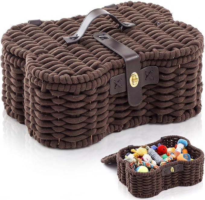 Novabright Bone Shaped Dog Toy Basket with Lid, Cotton Rope Woven Pet Toys Bin with Latch and Handle, Handmade Dog Toy Organizer Storage Brown Bin for Puppy 15" x 11.2" x 6.5"