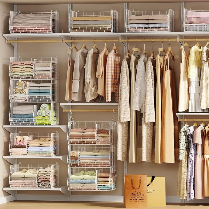 3 Tier Extra Large Closet Hanging Shelves with Divider, 16.5"L x 11.8"W x 33.6"H Closets Organizers and Storage with 5 S Hooks, Clothes Organizer for Sweaters Shoes Handbags Clutches Accessories-White