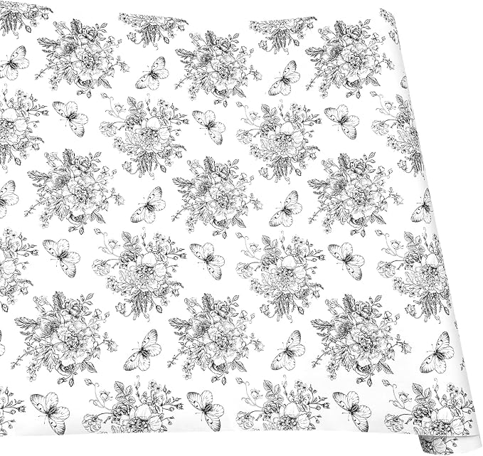 Easy Apply Shelf Liner Removable Furniture Paper Decorative Workspace Organizers Sofa Tables, Black-White Peony Butterfly, 17.7 Inch by 9.8 Feet