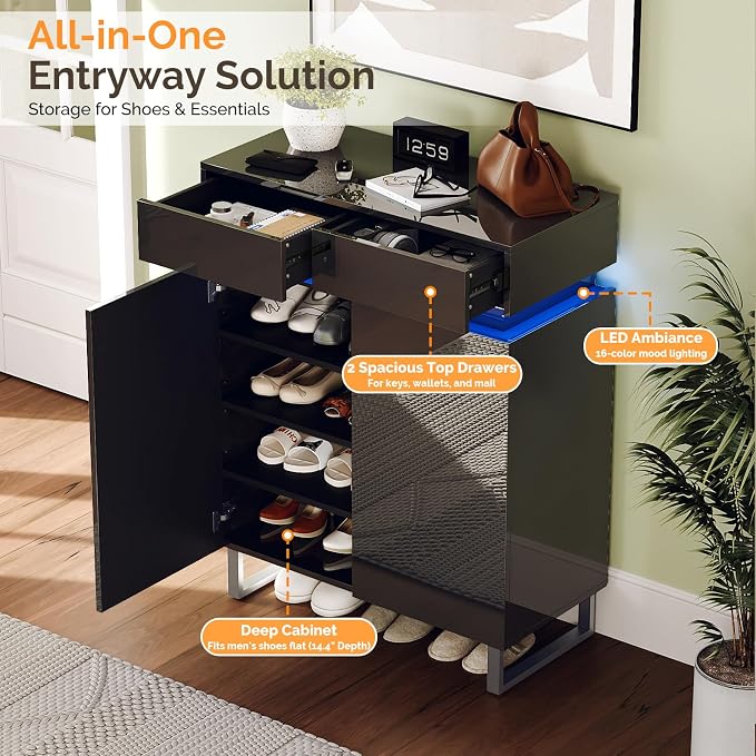 VINGLI Black Shoe Cabinet with LED Lights, Modern High Gloss Entryway Shoe Storage Organizer with Drawers & Adjustable Shelves, Freestanding Hidden Shoe Rack for Hallway, 30.7" W