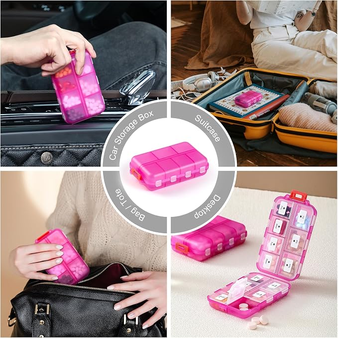14 GRIDS Travel Pill Organizer Box with Labels - Travel Medicine Case Kit - Pocket Daily Pharmacy Container - Travel Medication Holder Dispenser for Fish Oil Vitamin Supplement Storage - Clear Pink