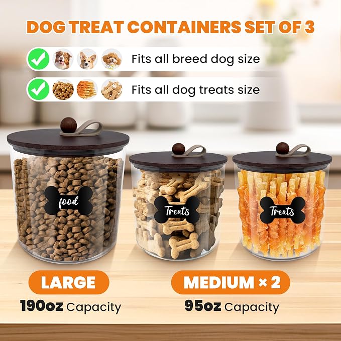 HOYTAMDAR 3 Pack Airtight Dog Treat Containers Bamboo Lids, Dog Treat Jars | Dog Food Storage Container with Scoops, Clamps, Labels and Marker, Dog & Cat Treat Holder