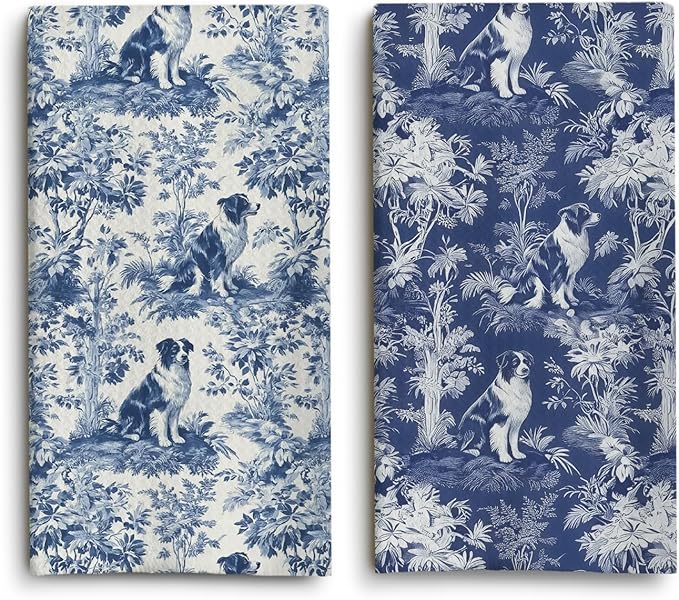 Australian Shepherd Kitchen Dish Towels Set of 2,Blue And White Floral Dog Towel Dish Tea Towels, Chinoiserie Decor For Kitchen Bathroom,Australian Shepherd Gifts For Dog Lover Mom Dad,16x24 Inch
