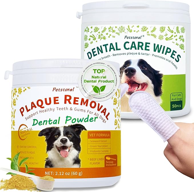 Petstoral Dental Cleaning Kit, Dental Care Wipes to Clean Plaque on The Surface of The Teeth, Beef Liver Flavour Dental Powder with Probiotic to Solve Oral Problems from The Inside of Digestion