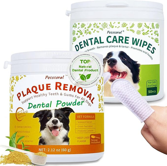 Petstoral Dental Cleaning Kit, Dental Care Wipes to Clean Plaque on The Surface of The Teeth, Beef Liver Flavour Dental Powder with Probiotic to Solve Oral Problems from The Inside of Digestion