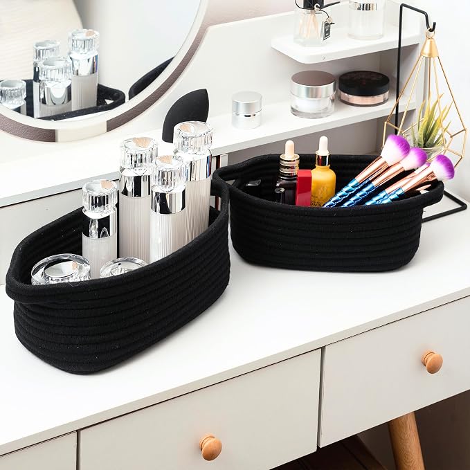 5-Piece Storage Baskets for Organizing, Small Woven Rope Baskets for Storage and Shelves, Dog Cat Toy Basket Box, Pantry Bathroom Organization Bins, Nightstand Organizer, Full Black