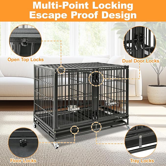 Homey Pet Taller 43" Heavy Duty Double Dog Crates with Divider & Dual Door | Drop Cage for Dogs with Lockable Wheels, Bowls, Removable Tray, Top Access, Ideal for Small to Medium & Large Dogs, Breeders