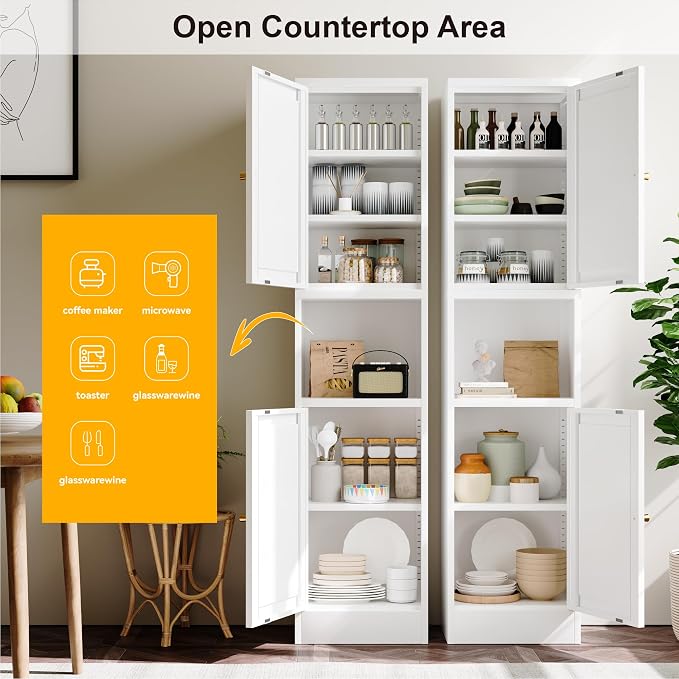 YAUWOH 2-Door Metal Storage Cabinet, Tall Slim Pantry Organizer with 3 Adjustable Shelves (120LBS/Shelf), Anti-Tipping Waterproof Cabinet for Bathroom/Kitchen/Home Office/Small Spaces, (1PC,White)