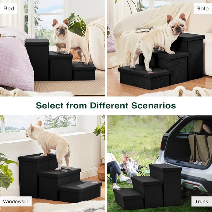 Love's cabin Dog Stairs for High Bed, Foldable Pet Stairs for Small Medium or Large Dogs Puppy with Storage for Bed or Couch, Cat Dog Steps Ramp with Zip up to 200 lbs, Black, 3 Steps