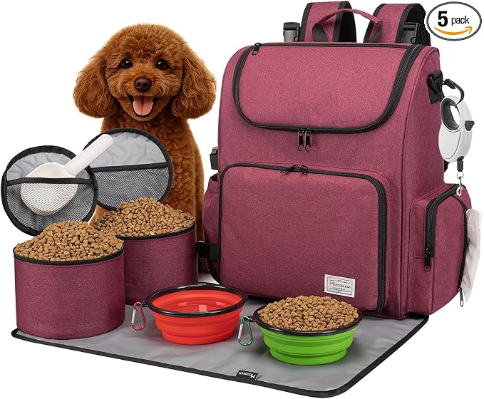 Modoker Multi-Compartment Dog Travel Backpack for Pet Supplies, Rose Red | Dog Travel Accessories Organizer with 2 Food Bags, 2 Bowls, Quick-Access Pockets, Tissue Opening, Luggage Sleeve, Feeding Mat