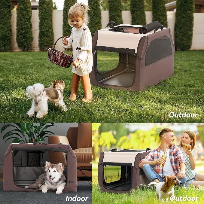 PETSFIT Portable Dog Crate, Soft Sided Dog Crate - 36 Inch Sturdy Adjustable Structure, Easy to Set Up, Collapsible Dog Car Kennel, Light Tough with 3 Mesh Doors Brown