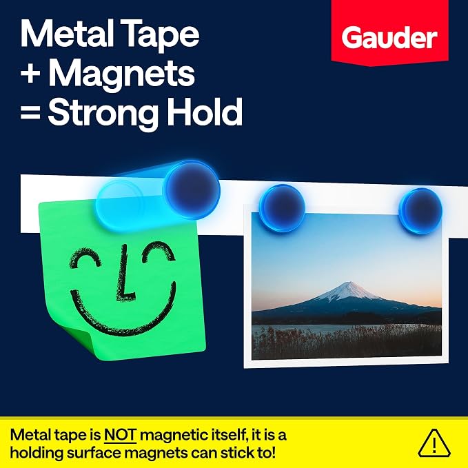 GAUDER Self-Adhesive Metal Tape - Ideal for Tonie Figures & Shelves - Holding Surface for Magnets - Ferrous Tape with Foam Adhesive - Thin Metal Steel Strip (10 ft x 1.4 in)