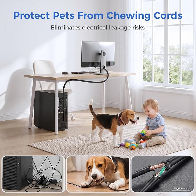 Delamu 30ft - 1/2 inch Cable Sleeve Cord Protector from Pets No Chew, Split-Braided PVC Wire Loom Tubing for Desk Computer USB TV Cord Organizer, Easy Set-up Cable Management Sleeve Kit, Black