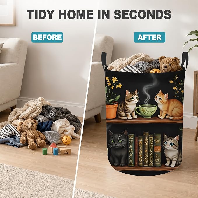 Laundry Basket,Cat Bookshelf Foldable Clothes Hamper with Handles,Library Floral Plants Waterproof Oxford Cloth Storage Organizer for Bedroom Bathroom College Dorm,16" x 20"