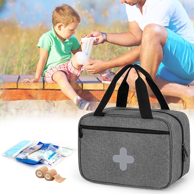 Empty First Aid Kits Case, Portable Emergency Kit Organizer, Gray | Medical Bag for Emergency Supplies and Pill Bottles, Large Capacity, for Hiking, Camping, Car, Travel, Home and Outdoor