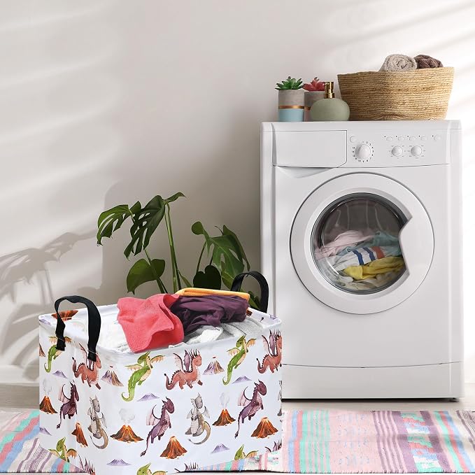 Round Laundry Basket Gragon Nursery Hamper Storage Bins Dinosaur room Decor | Waterproof Canvas Collapsible Storage Basket With Sturdy Handles Multi-scene Organizer Dinosaur For Play Bedroom Decor Gift