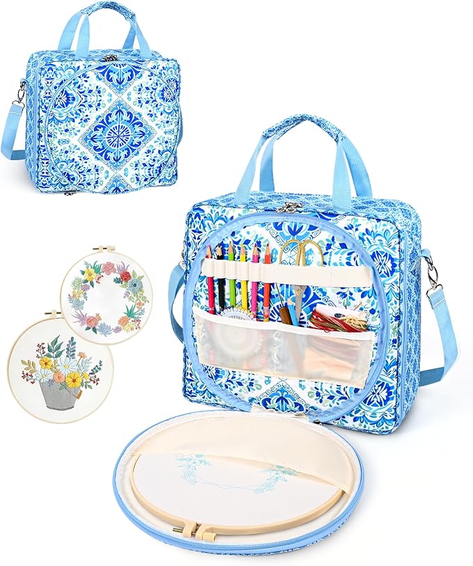 Telawsfun Embroidery Project Bag Organizer, Embroidery Supply Storage Bag with Removable Binder, Portable Carrying Tote for Thread Tools and Accessoriess, Bag Only