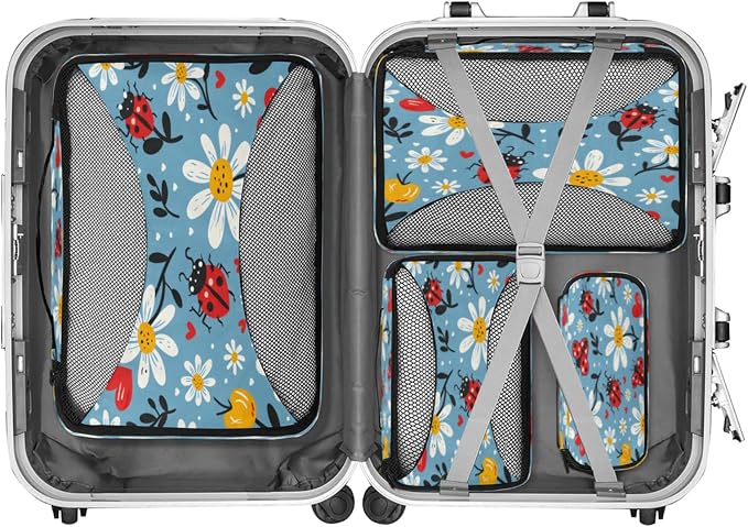 4 Set Packing Cubes for Travel, Ladybugs Florals Packing Cubes for Women, Travel Luggage Packing Organizers, Packing Cube Set, Daisy Flowers