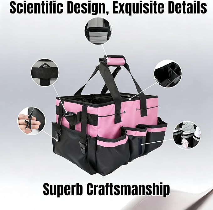 Tool Organizer Tote Bag, Pink and Black, Large Capacity with Adjustable Compartments, Portable Cleaning Storage Caddy, 14.96x10.63x9.06 Inches