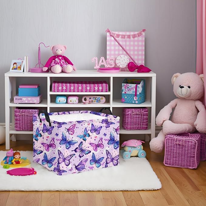 Rectangular Butterfly Basket Baby Storage Basket Storage Bin Organizer Box Room Decor(Purple Butterfly)
