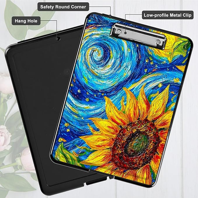 Starry Sunflower A4 Clipboard with Storage Pen Holder, Clipboards Organizer Nursing Clipboard Foldable File Folder Plastic Clipboard Folio Clip Board for Office Students Classroom Doctor
