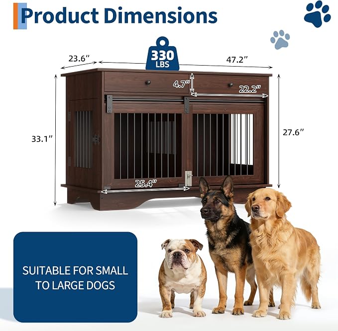 Dog Furniture Crate, 47" Large Dog Crate Furniture w/ 2 Storage Draws & Removable Divider for Large/Medium/Small Dogs