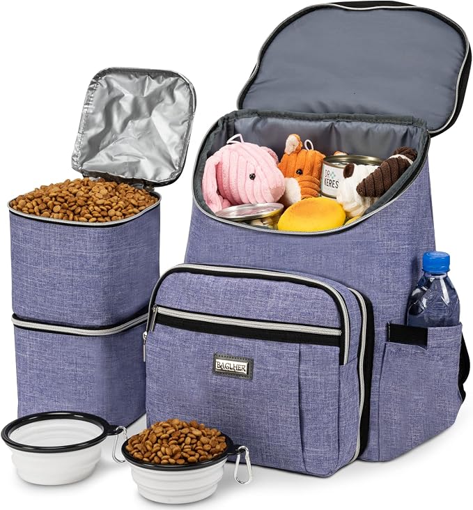 BAGLHER Travel Dog Backpack - Detachable Travel Dog Food Container for Pet Supplies Dog Gear Backpack,Dog Bag for Traveling with 2 Silicone Collapsible Bowls and 2 Food Baskets Purple