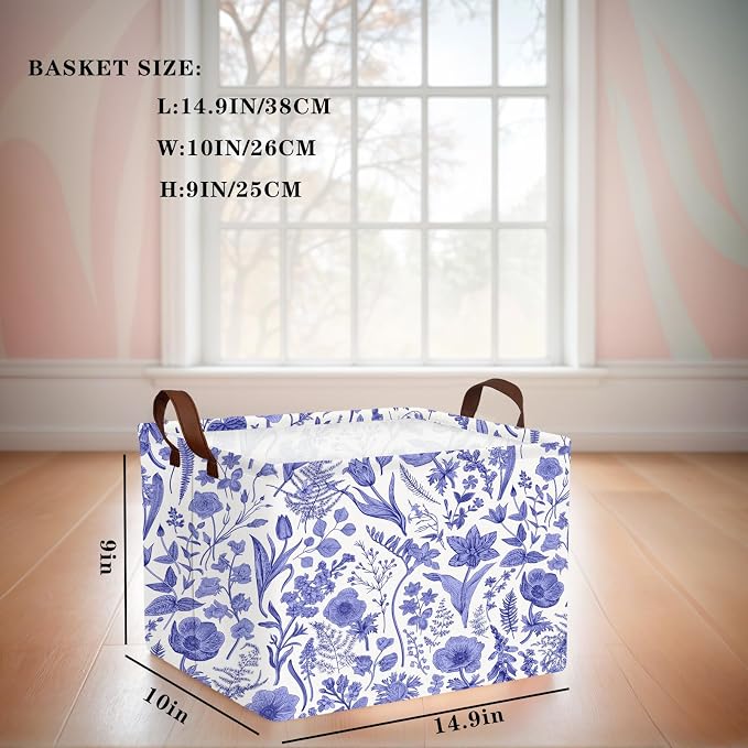 Chinoiserie Rectangle Storage Basket, Blue | Gift Basket Collapsible, Toy Bin, Nursery Playroom Bedroom Decor, Baby Child