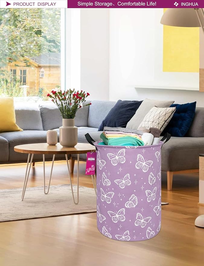 Laundry Hamper Large Canvas Fabric Storage Basket Butterfly | Organizer Bin Dirty Clothes Collapsible Waterproof for College Dorms, Boys and Girls Bedroom,Bathroom