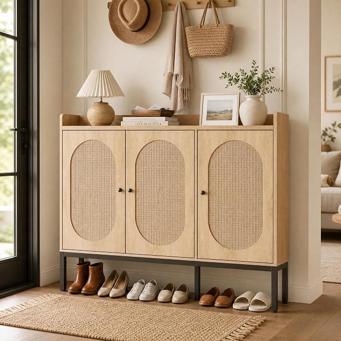 GarveeHome Rattan Shoe Cabinet with 3 Flip Doors, 8-Tier Freestanding Shoe Storage Cabinet with Adjustable Shelves, Large Capacity Shoe Organizer for Entryway, Closet, Natural Oak