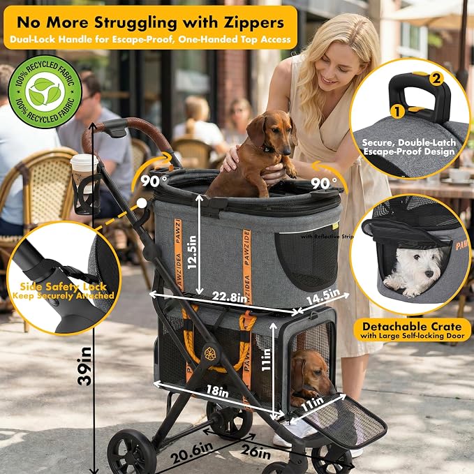 PAWZIDEA Double Pet Stroller with 2 Detachable Carrier, Multifunctional | Portable Travel Crate & Car Seat Combo & TSA-Approved Expandable Carrier, Foldable Jogger Stroller for 2–4 Cats or Small Dogs