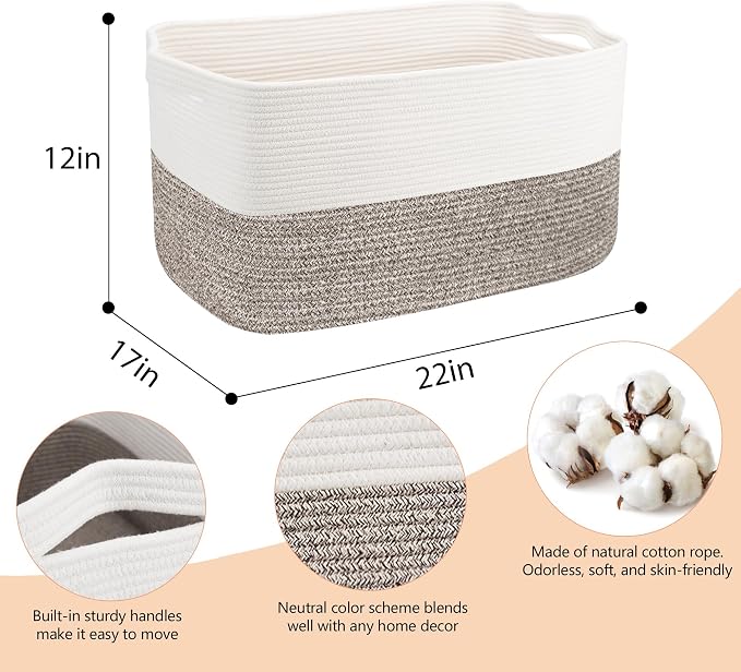MEGASKET Large Blanket Basket, 22"x17"x12" Rectangle Blanket Storage for Living Room, Decorative Kids Dog Toy Bin Box, Soft Woven Cotton Rope Storage Basket, Big Wicker Throw Pillow Organizer Holder
