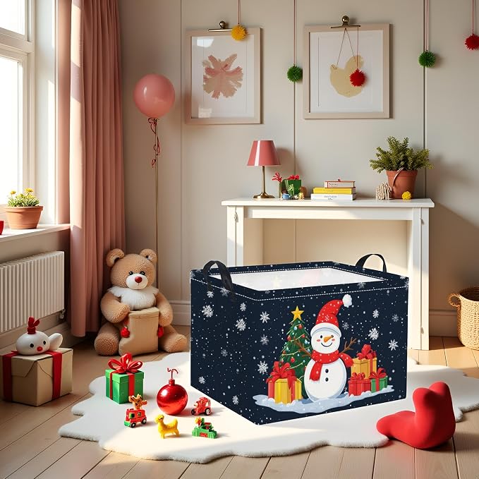 Rectangular Christmas Basket Trick or Treat Spooky Boo Basket with Handles for Women Girls Cute Storage Bin Organizer(Snowman)