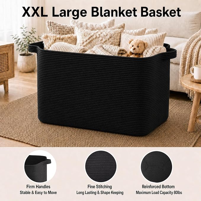 OIASKET 118L Extra Large Blanket Basket Living Room, 24.8"x17.7"x16.2" | Woven Rope Baskets for Storage, Nursery Blanket Storage for Living Room, Toy Basket with Handle Organizing Comforter Pillows