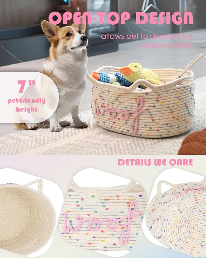 Sea Team Dog Toy Storage Basket with Handles and Ears, Rainbow Woof | Large Cotton Rope Storage Bin, Shelf Basket, Organizer for Pet Chew Toys, Foods, 16.5 x 11 x 7 Inches, 4.4 Gallons
