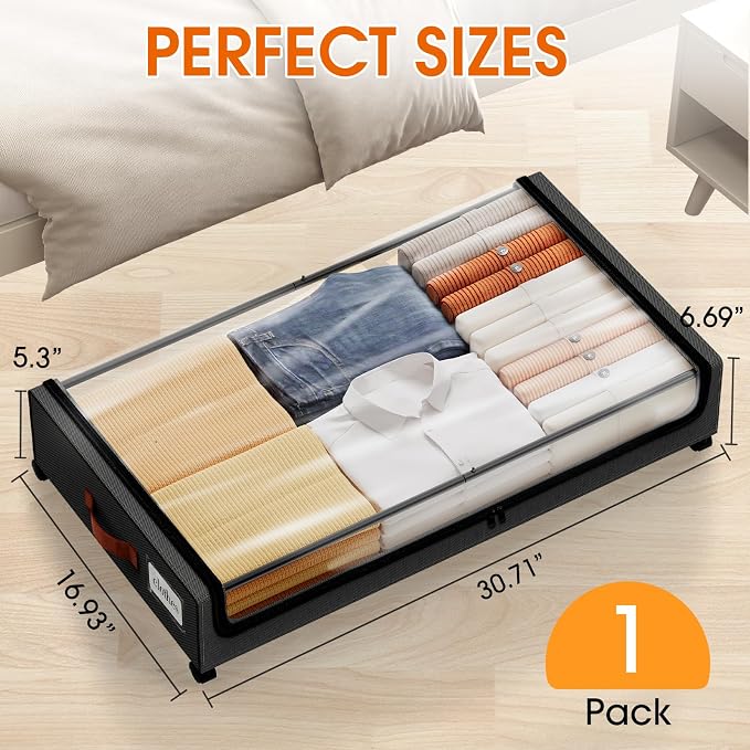 Under Bed Storage with Wheels 1Pack Storage Containers with Clear Window | Under Bed Drawers Rolling Under Bed Storage for Clothes,Shoes, Blankets (30.71 x 16.93 x 6.69 in, Black)